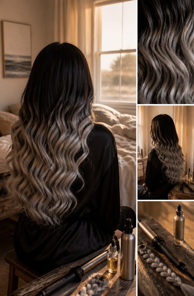 Loose waves with black roots and light grey lengths