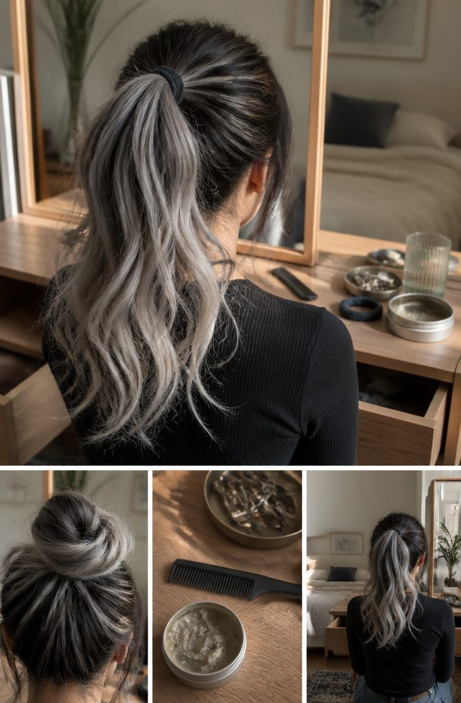 High ponytail with dark roots and lighter silver ends