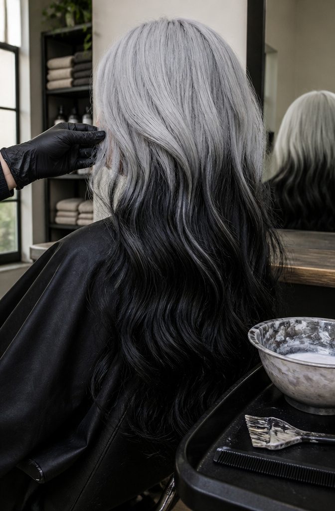 Silver hair at the top fading into black lengths