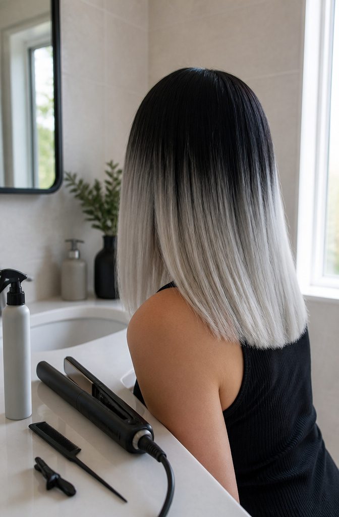 Straight shoulder-length hair with black roots and pale grey ends