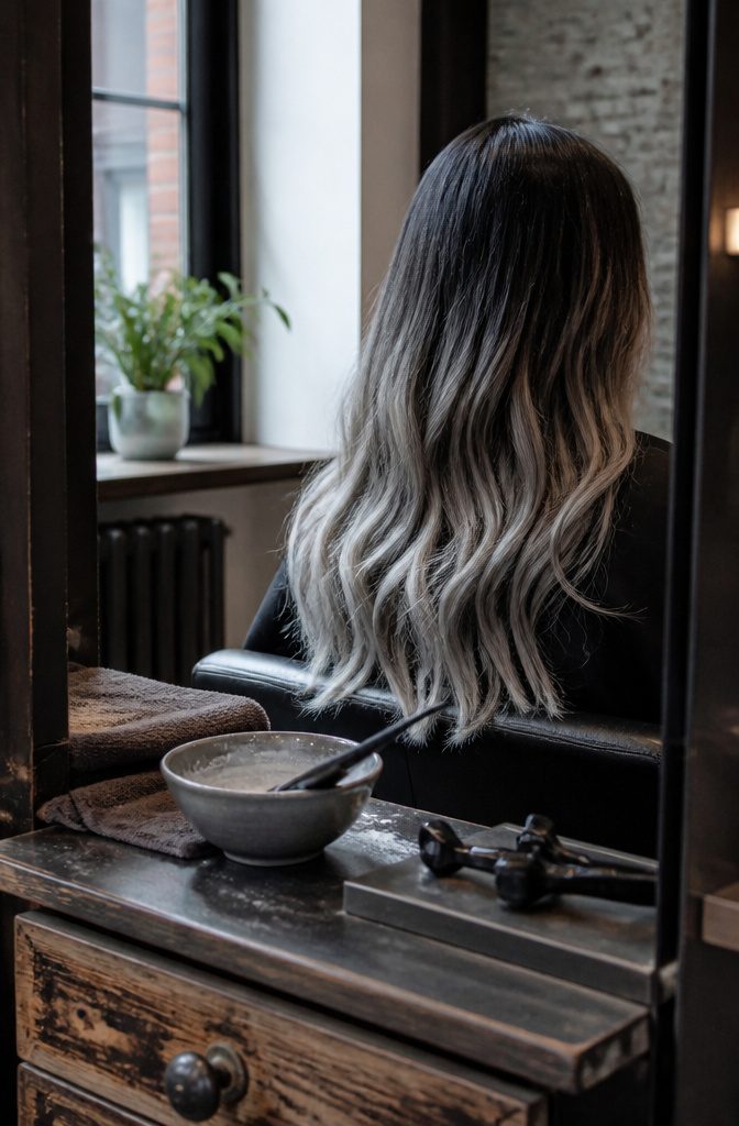 Long softly waved hair with black roots and pale grey ends