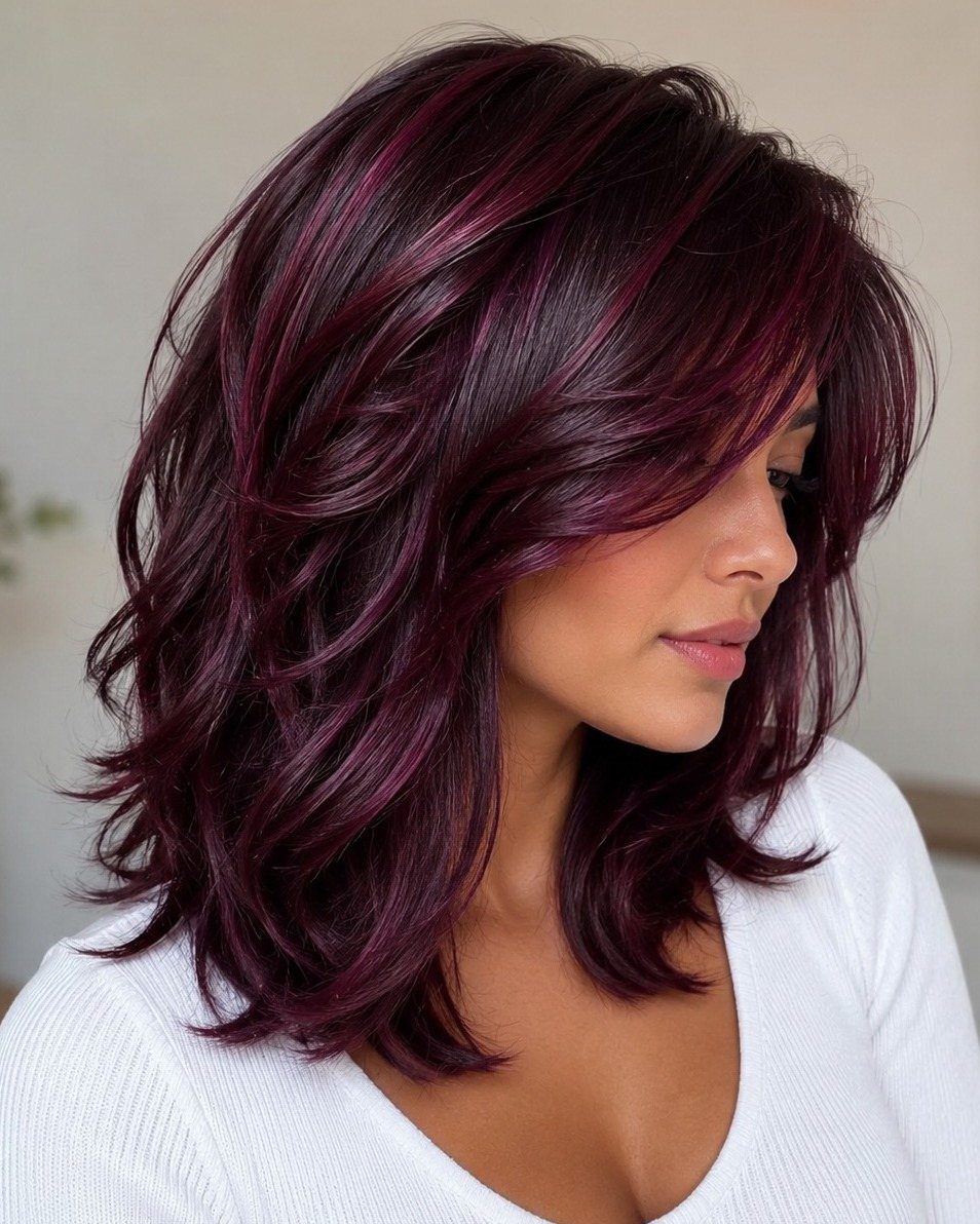 Woman with voluminous dark burgundy-highlighted waves in a layered bob