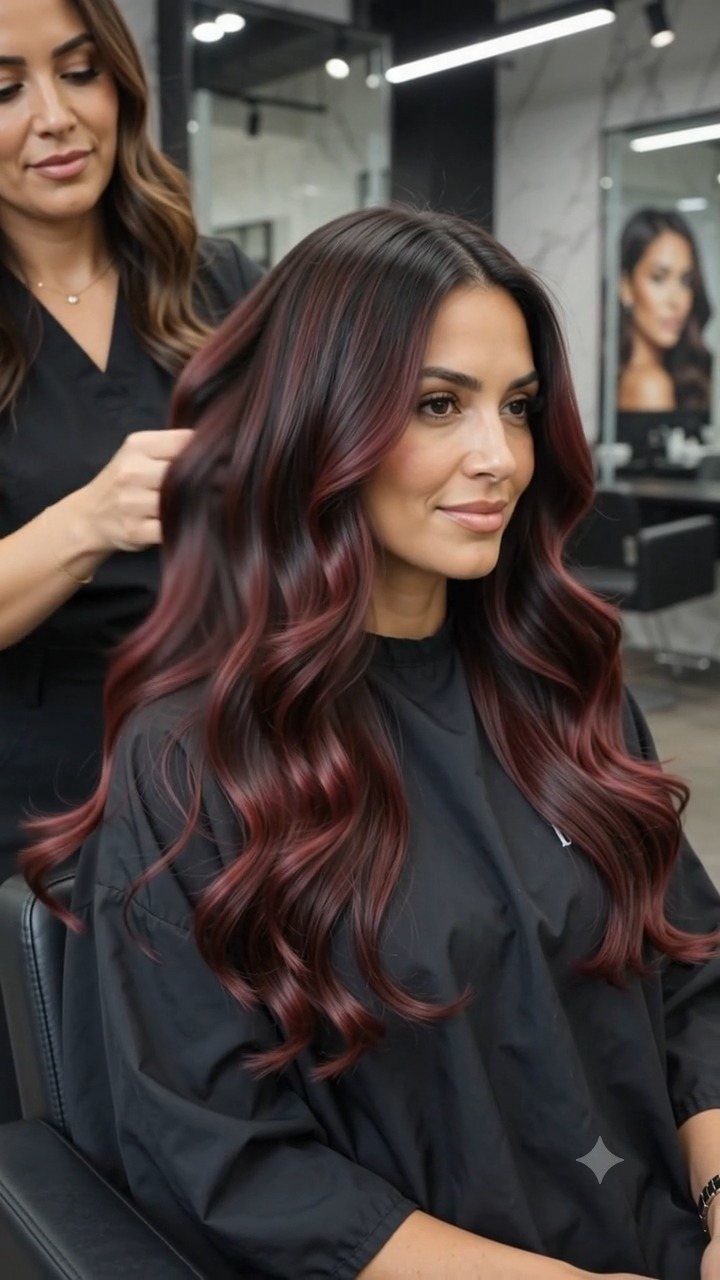 Woman with long dark waves blended into burgundy-red highlights in a salon