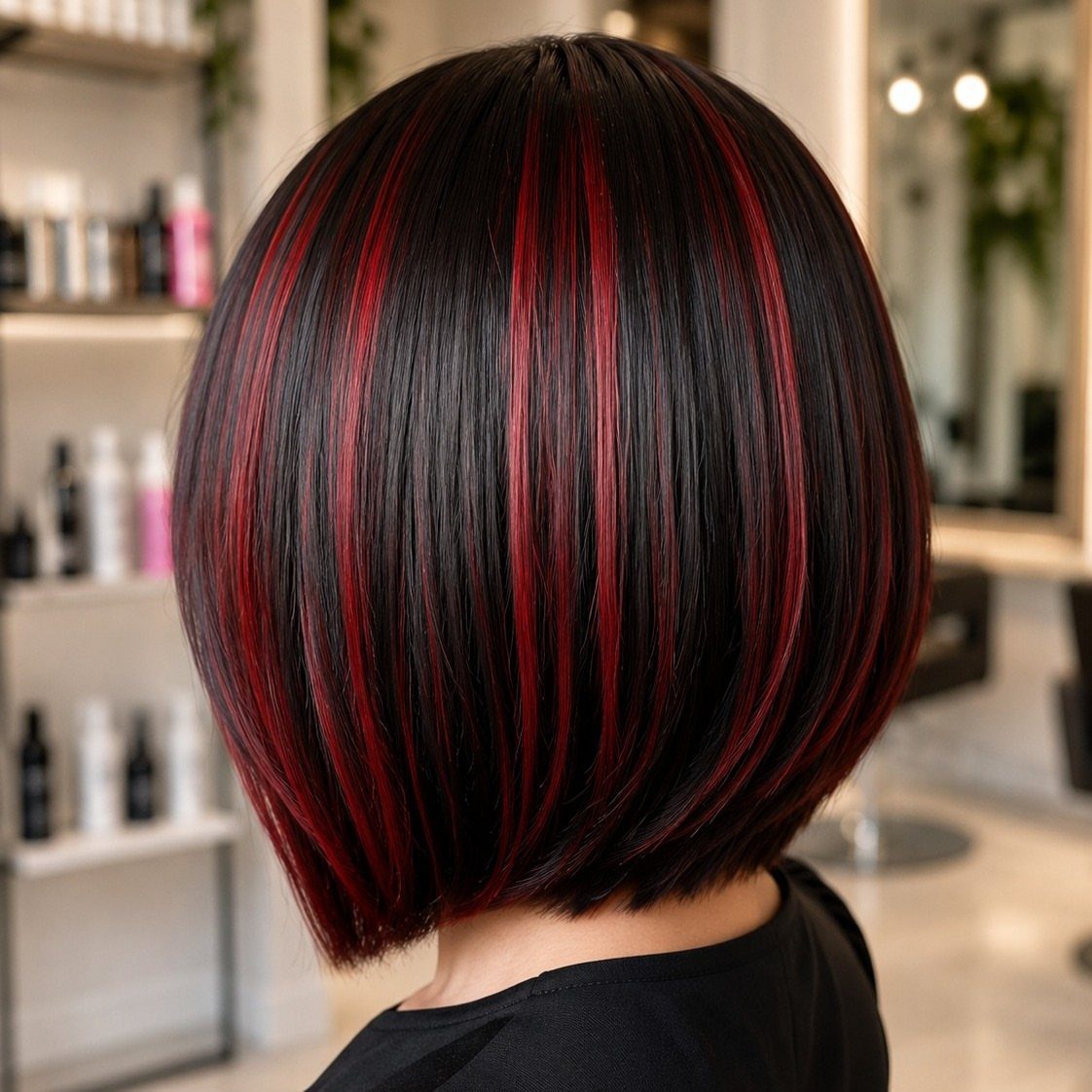 Sleek black bob with vivid red highlights seen from behind in a salon