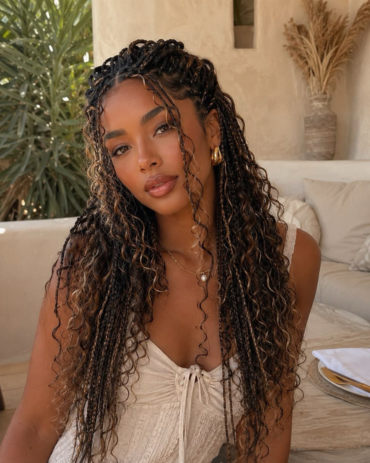 Woman with long dark protective braids and caramel face-framing highlights