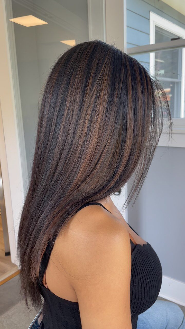 Long black hair with subtle light brown highlights drapes over a person's shoulder