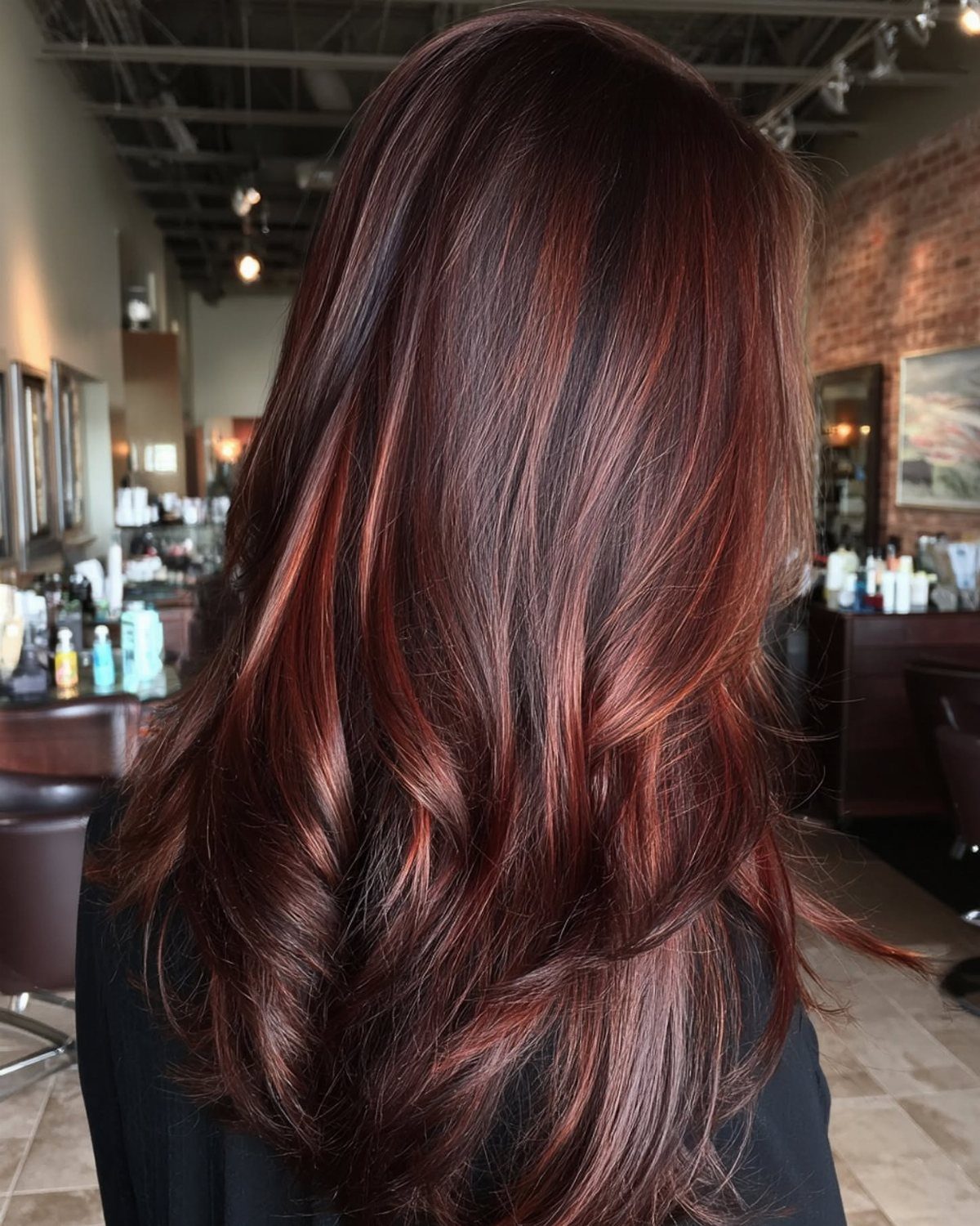 Long dark wavy hair with subtle copper and auburn balayage highlights