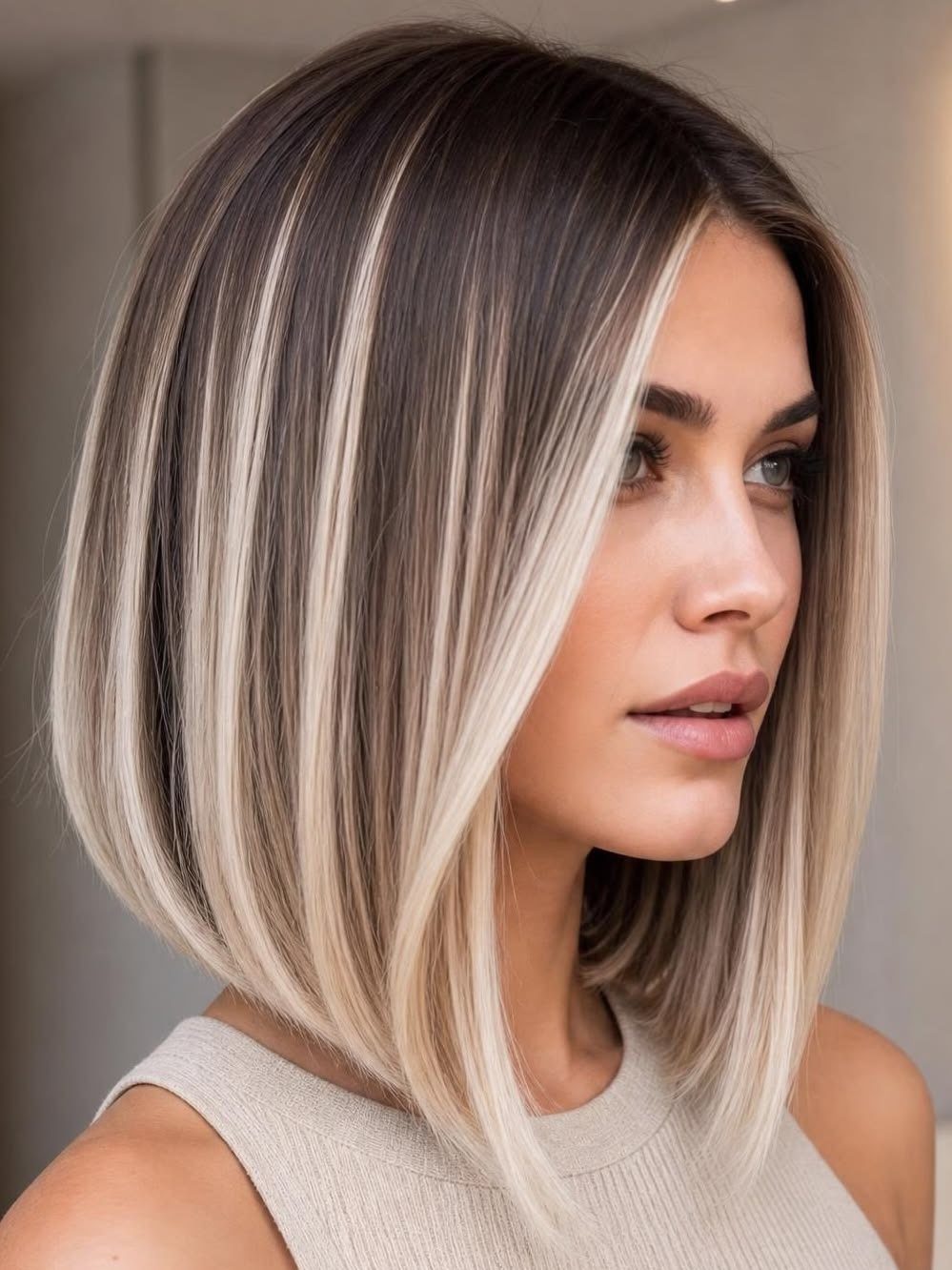 Woman wearing a dark-rooted dirty-blonde bob with light face-framing highlights