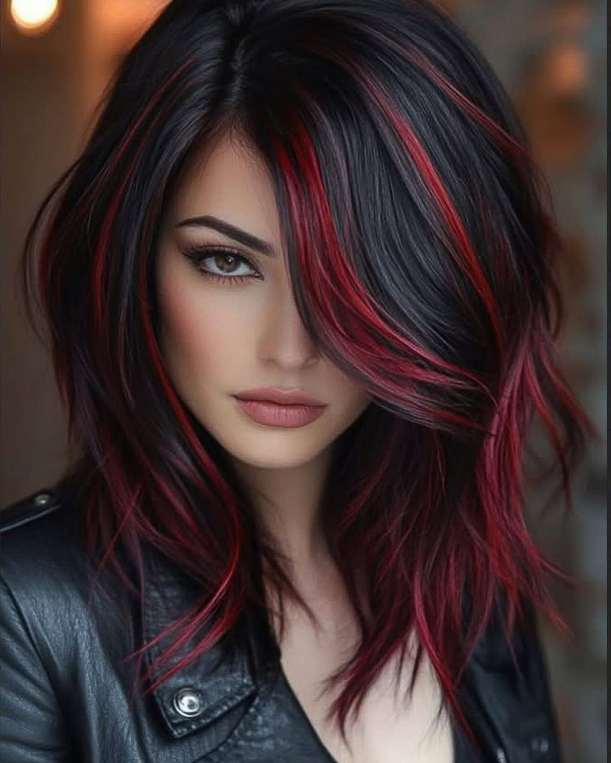 Woman with glossy black hair and vivid fiery-red highlights wearing a leather jacket