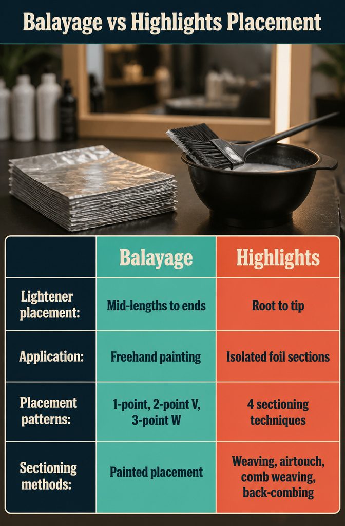 Balayage and highlights placement diagram with painted sections and foil sections