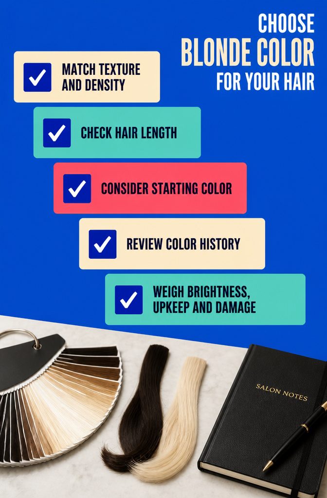 Hair color guide showing blonde shades matched to different hair types
