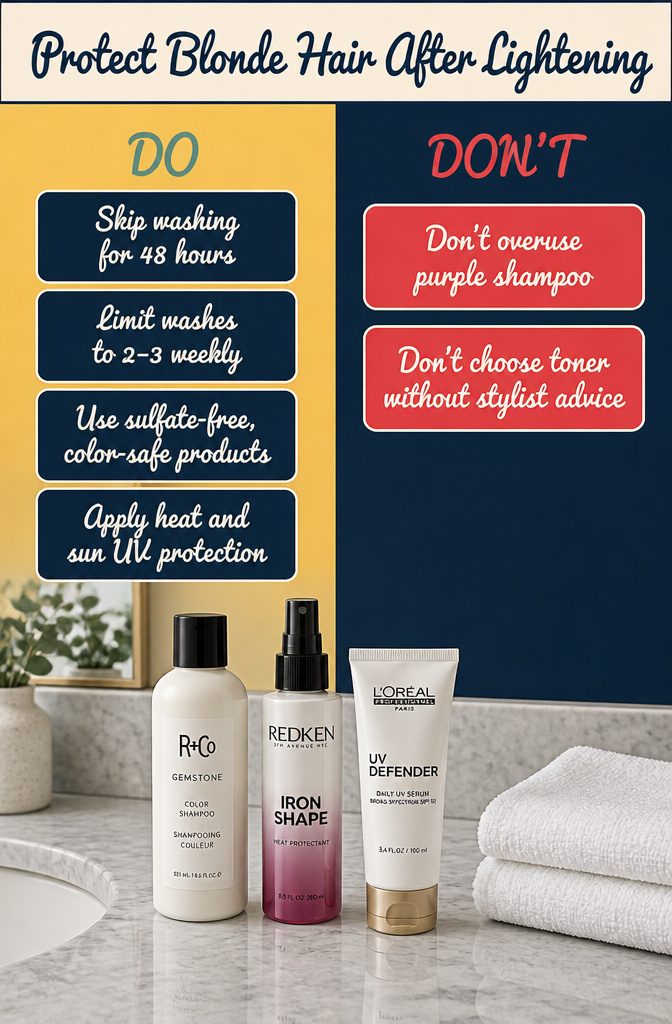 Blonde hair care products for protecting lightened hair and managing brass