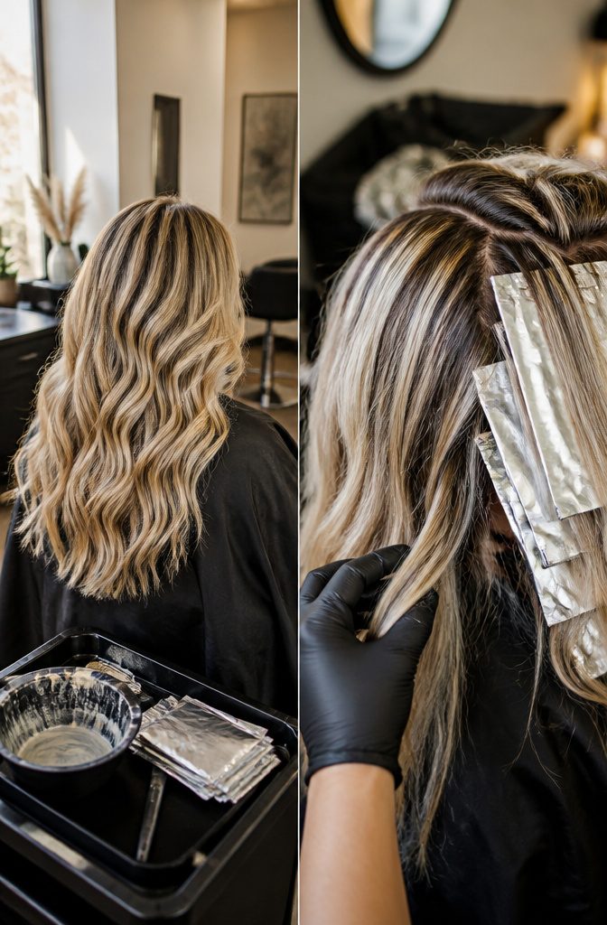 Blonde hair with face-framing foil highlights and painted balayage lengths