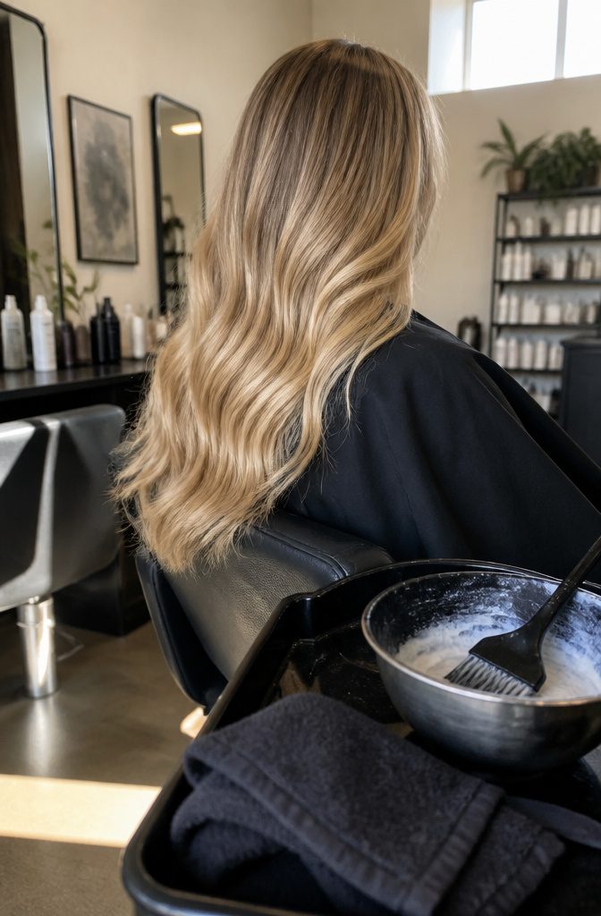 Blonde hair with a blended deeper root and reflective beige-golden lengths