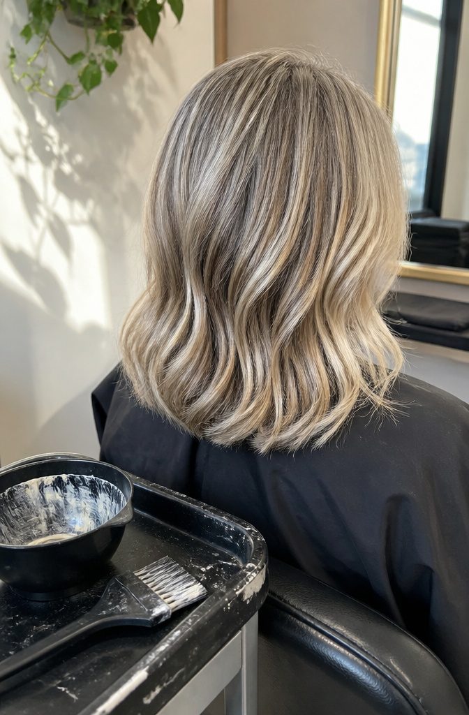 Blonde hair with gray strands blended among lighter highlighted sections