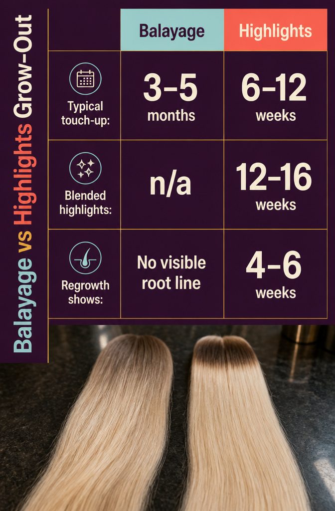 Balayage and highlighted hair roots showing different regrowth patterns