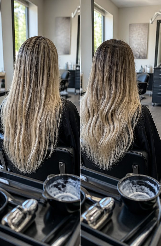 Blonde hair with bright defined strands and darker roots