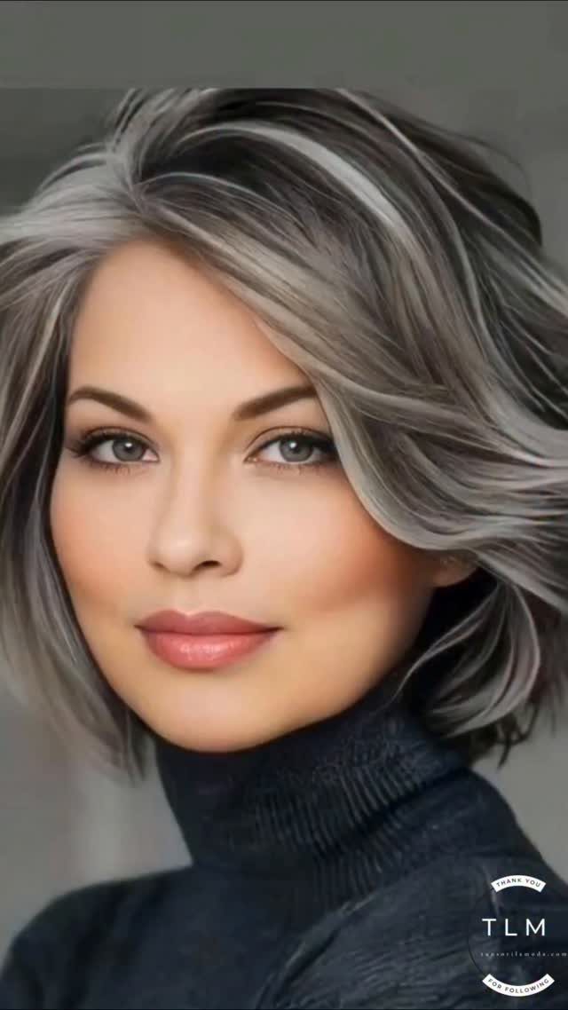 Woman with dark roots and cool silver balayage waves wearing a black turtleneck
