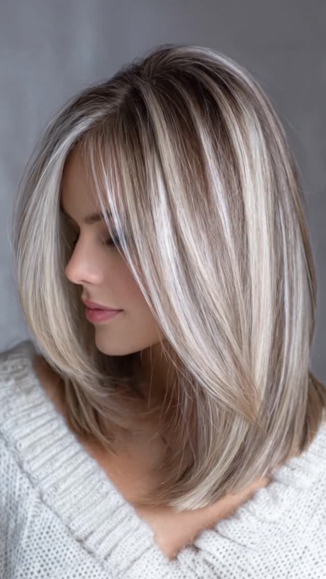Woman with a shoulder-length ash-brown bob and fine cool beige-blonde highlights