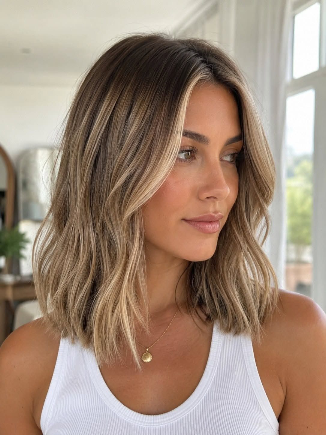 Woman with a wavy dirty blonde lob and lighter face-framing layers