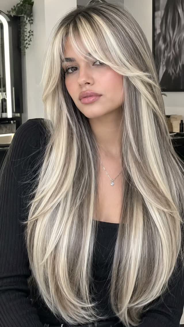 Woman showcasing long blonde balayage with bright face-framing highlights and darker roots