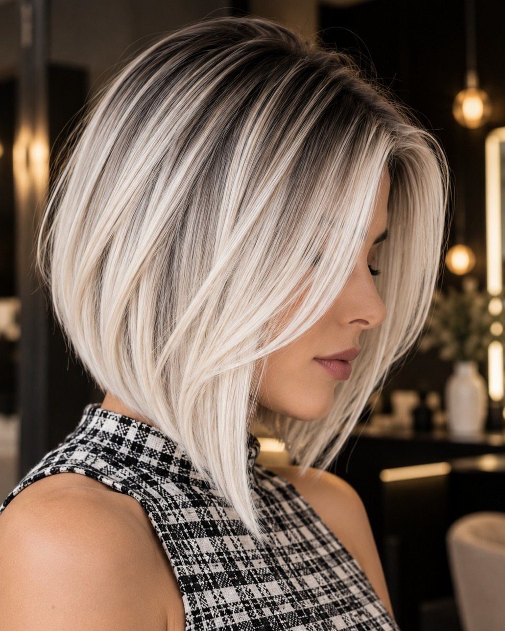 Straight silver-blonde lob with dark roots and fine cool highlights