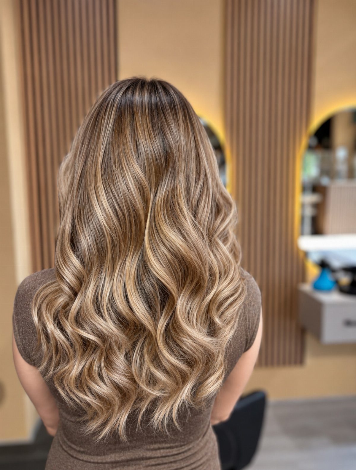 Long wavy hair showing dark roots blended into golden caramel balayage highlights