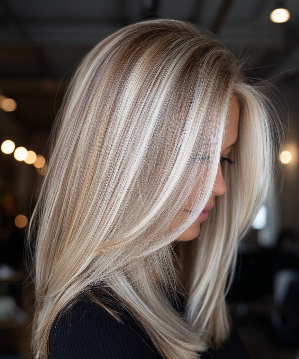 Blonde hair with darker lowlights and roots styled in smooth, sweeping layers