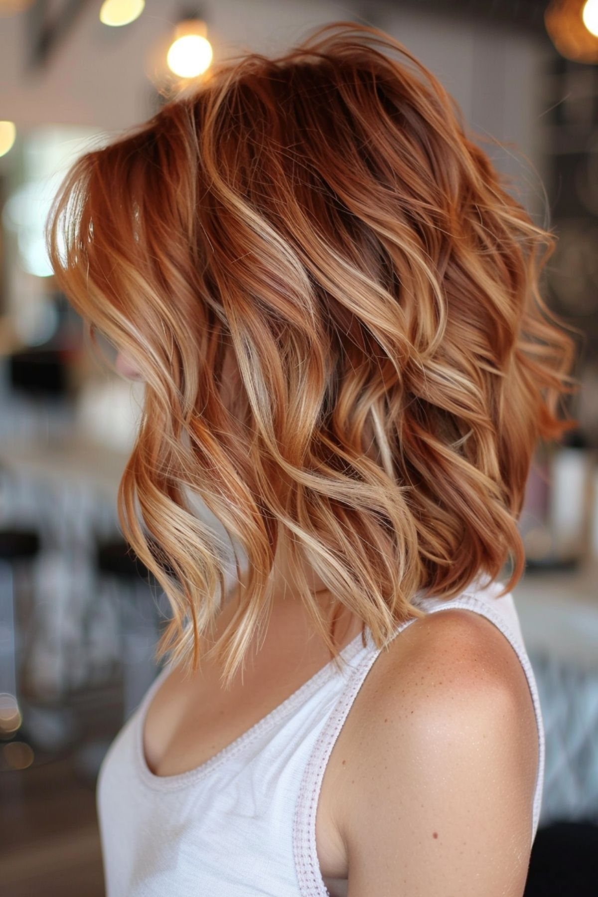 Wavy copper-brown hair blends into warm blonde and pale golden ends