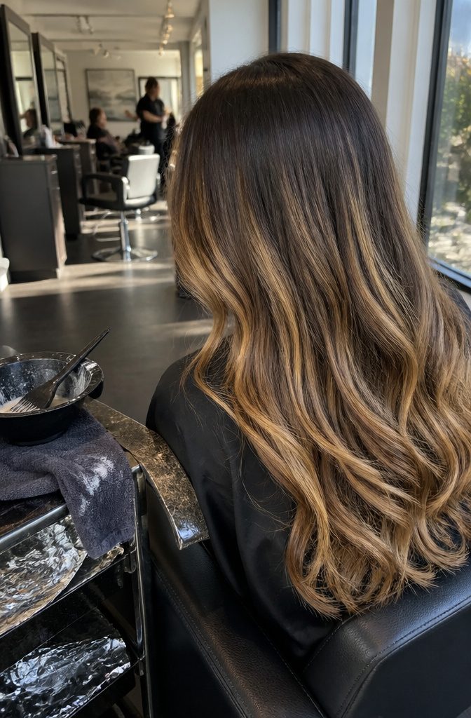 Brunette hair with gold and caramel ribbons through the mid-lengths and ends