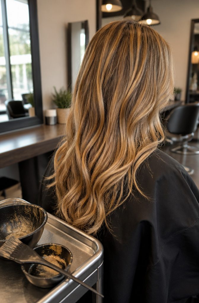 Blonde hair with a deeper root and caramel painted through the lengths