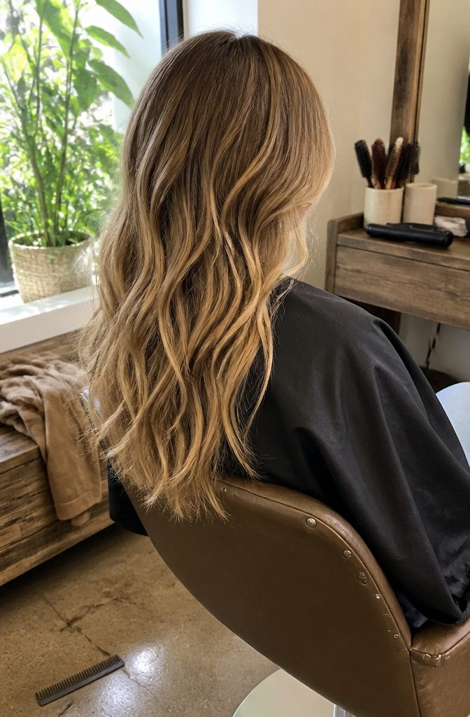 Dark blonde hair with lighter caramel ribbons and natural roots