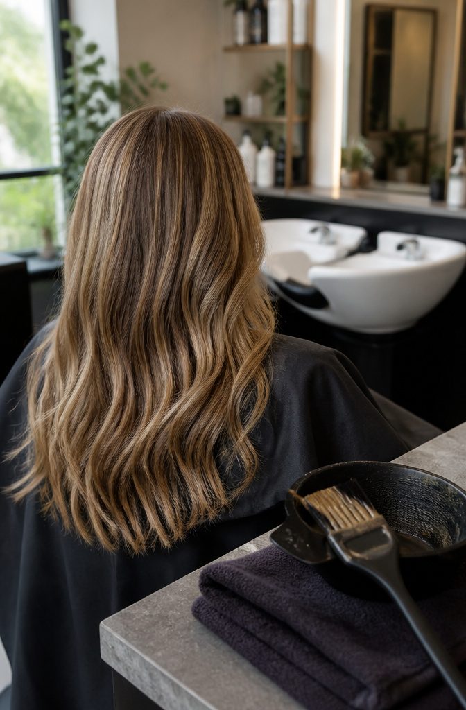 Light brown hair with a subtle caramel gloss seen from behind at a salon basin