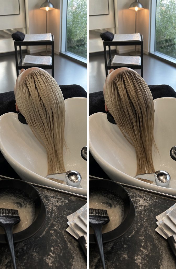 Light blonde hair with darker roots and selective caramel pieces