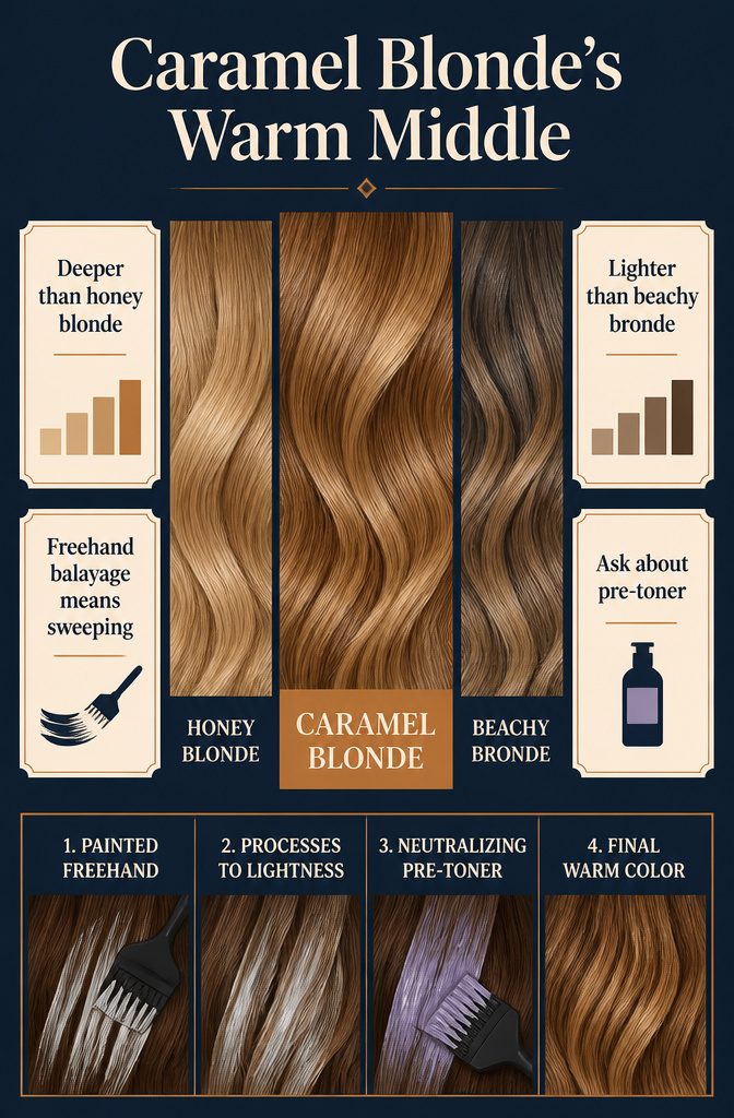 Caramel blonde color swatch between honey blonde and beachy bronde