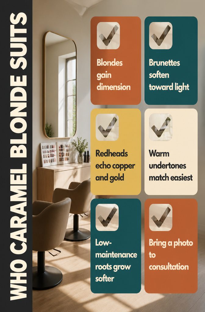 Hair color examples showing caramel tones on blonde brunette and red hair