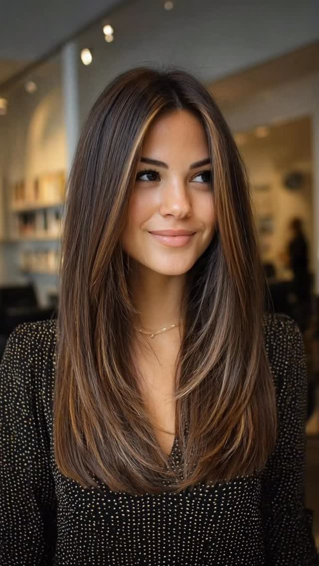 Woman with long dark brown hair showing subtle warm highlights