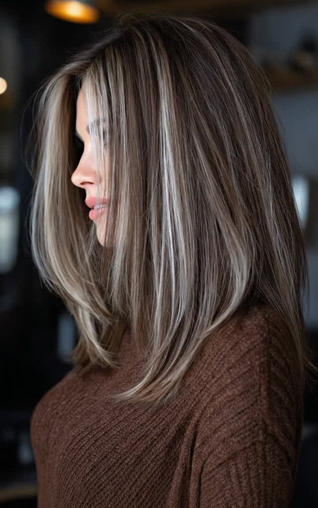Woman with dark brown hair and bright blonde face-framing highlights