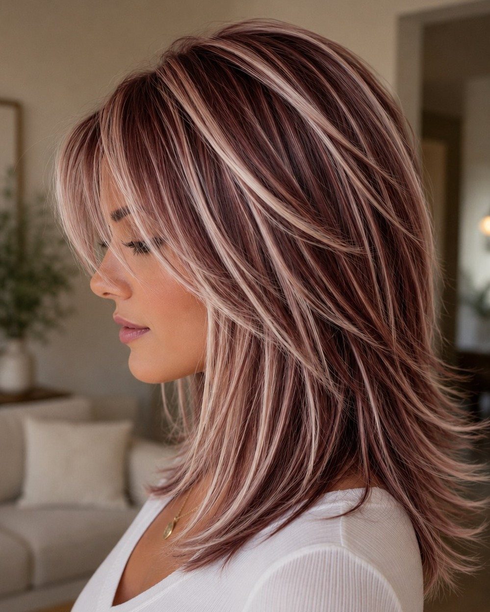 Woman with layered reddish-brown hair and blonde face-framing highlights