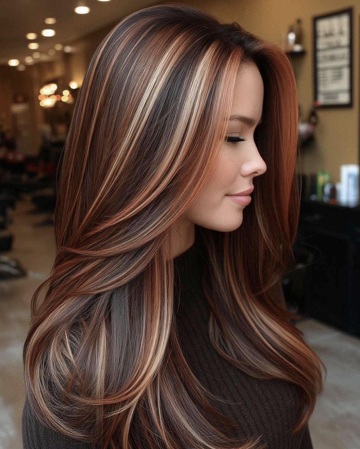 Long mahogany-brown hair with blonde highlights in a layered salon style