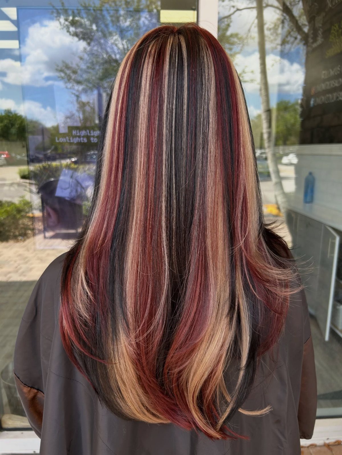 Long red and burgundy hair with fine blonde highlights shown from behind