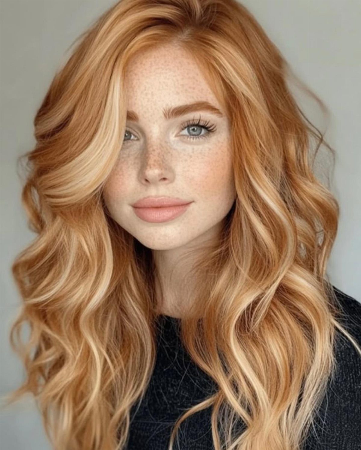 Woman with long wavy copper-red hair and blonde highlights framing her face