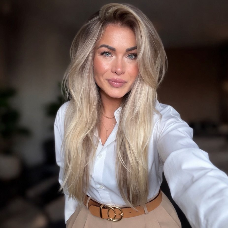 Woman with long beige-blonde hair, dark roots, and bright face-framing highlights