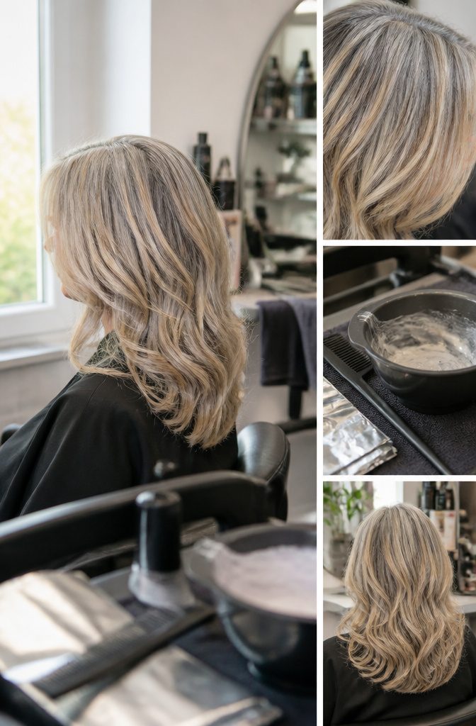 Blonde highlights mixed with silver strands in a hairstyle