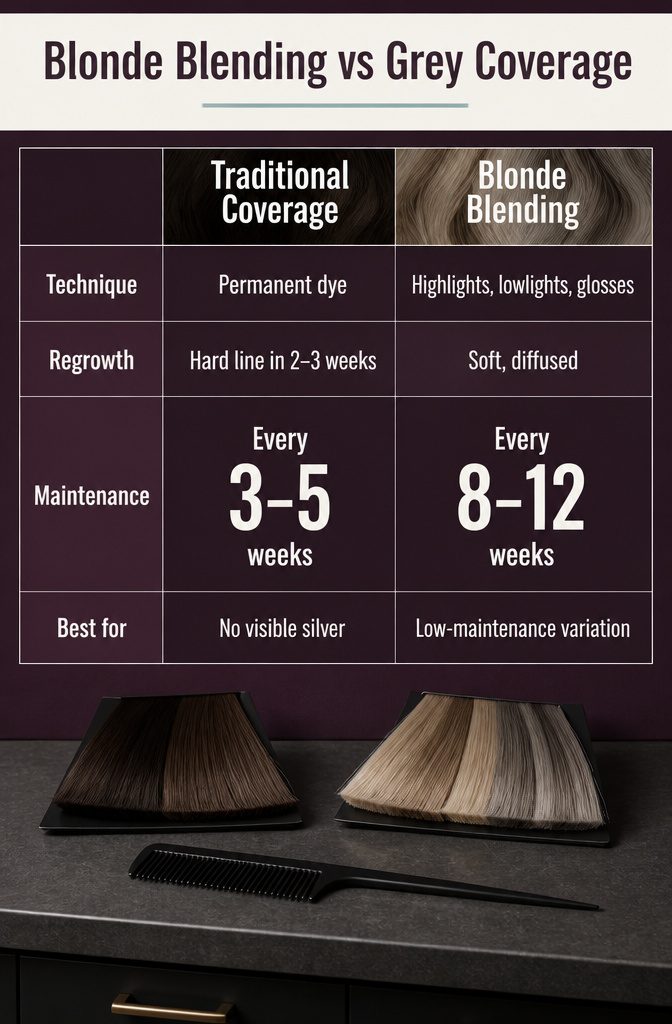 Beauty graphic comparing dark roots with blended blonde and grey hair