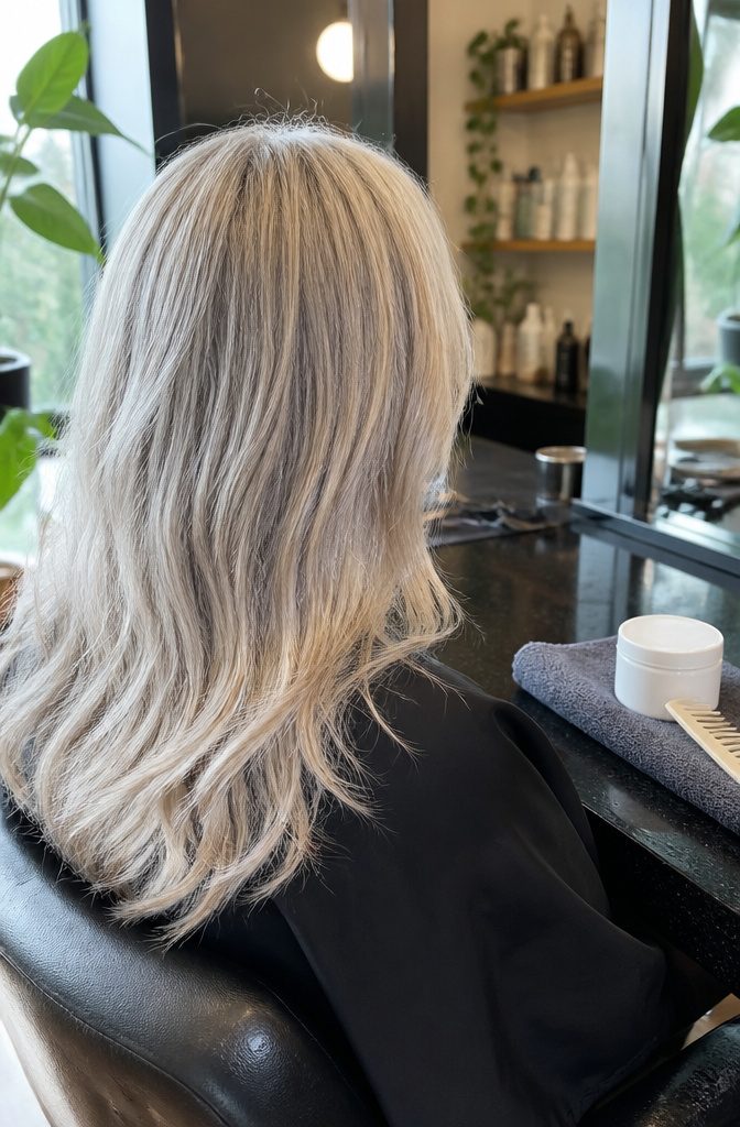 Silver and pale blonde hair with fragile ends and smoother hydrated lengths