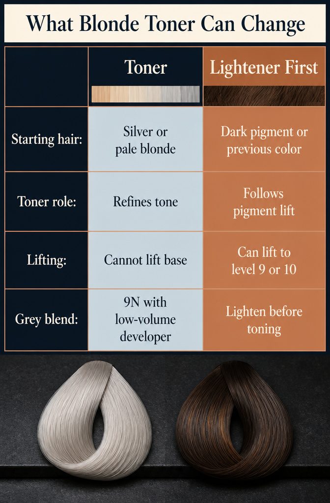 Beauty graphic about blonde toner changing hair pigment without lifting darker color