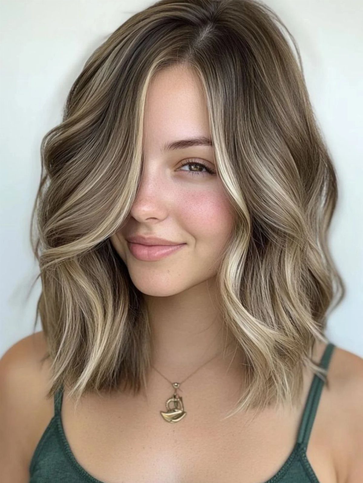 Wavy mushroom blonde bob with fine beige highlights framing a woman's face