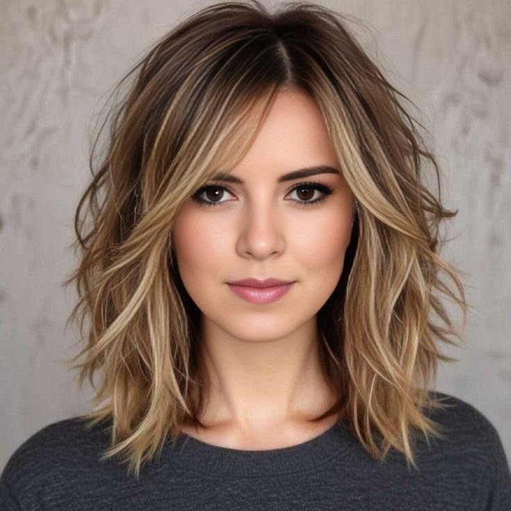 Woman with tousled shoulder-length dark hair and chunky caramel-blonde highlights