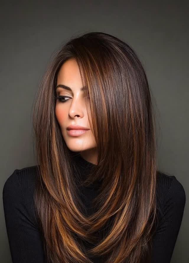 Woman with glossy brunette hair showing warm chestnut balayage highlights